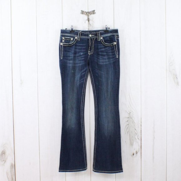 Miss Me Denim - MISS ME Studded Dark Distressed Denim Embellished Boot Cut Jeans Size 31